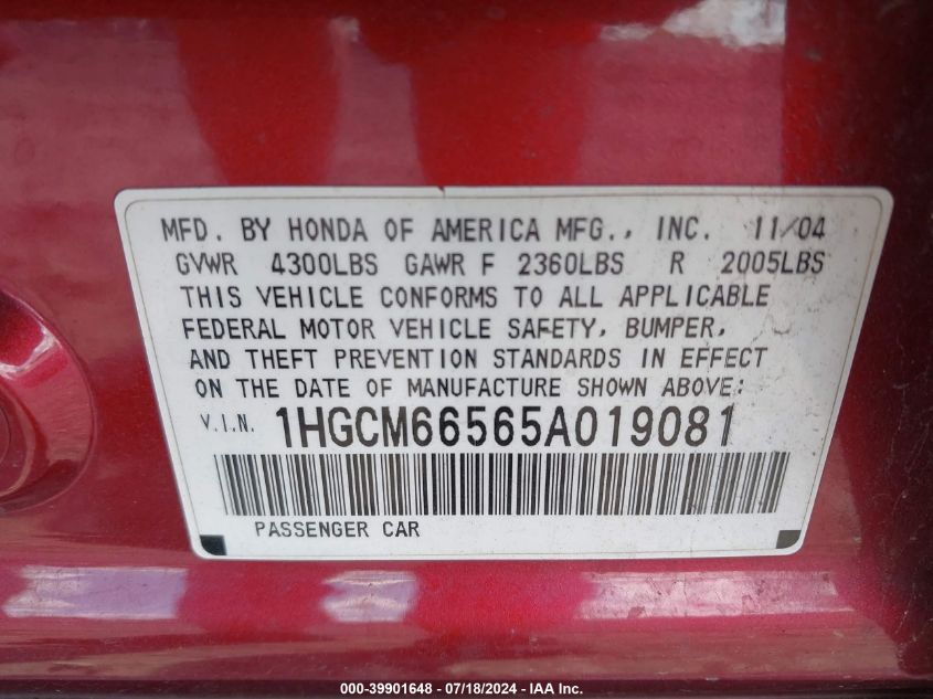2005 Honda Accord 3.0 Ex VIN: 1HGCM66565A019081 Lot: 39901648