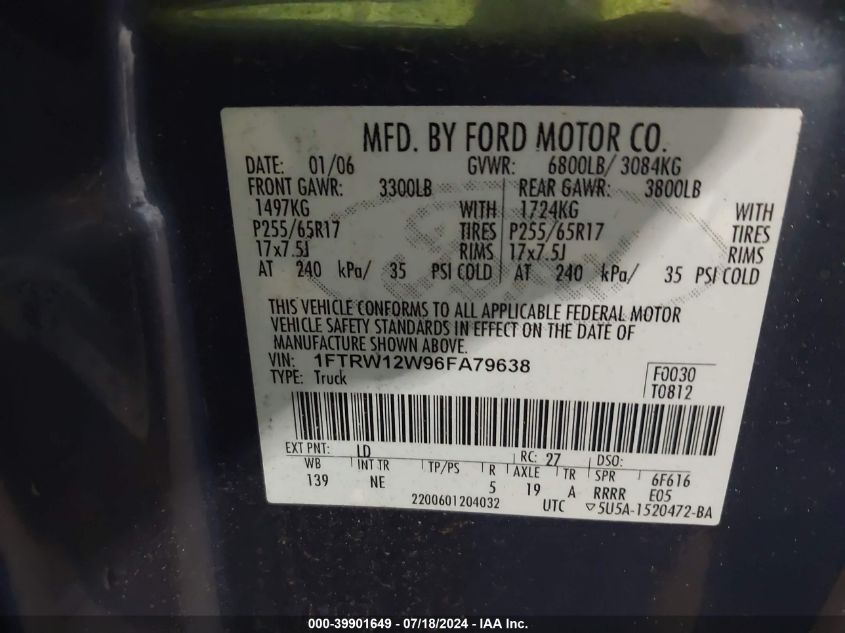 2006 Ford F-150 Xlt VIN: 1FTRW12W96FA79638 Lot: 39901649