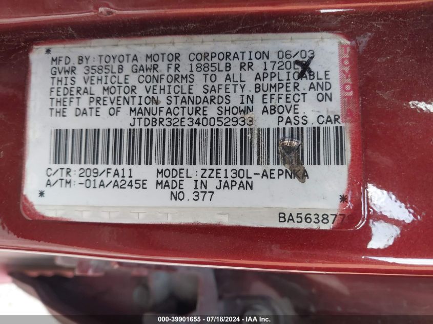 2004 Toyota Corolla Le VIN: JTDBR32E340052933 Lot: 39901655