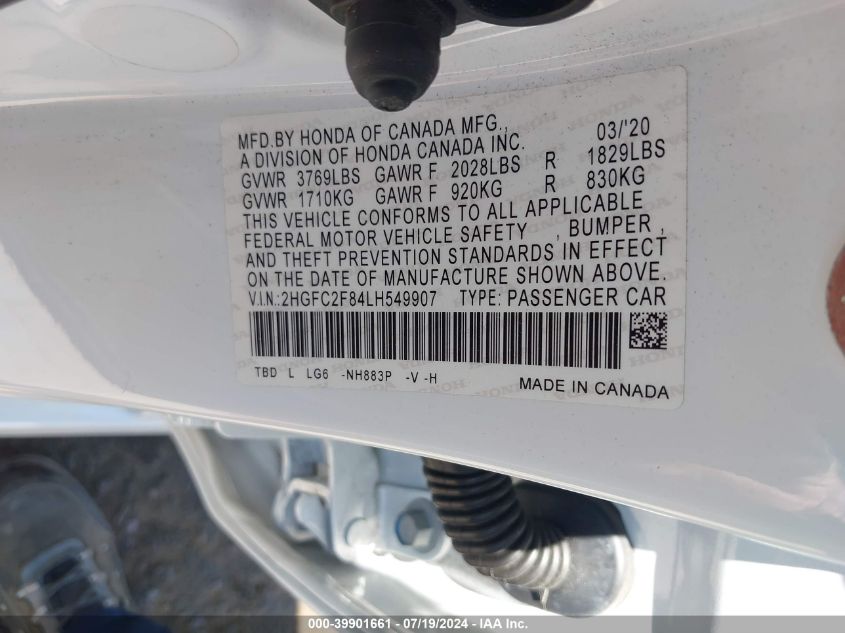 2020 Honda Civic Sport VIN: 2HGFC2F84LH549907 Lot: 39901661