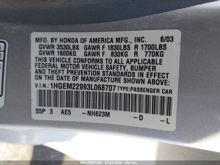 2003 Honda Civic Ex VIN: 1HGEM22993L068707 Lot: 39901665