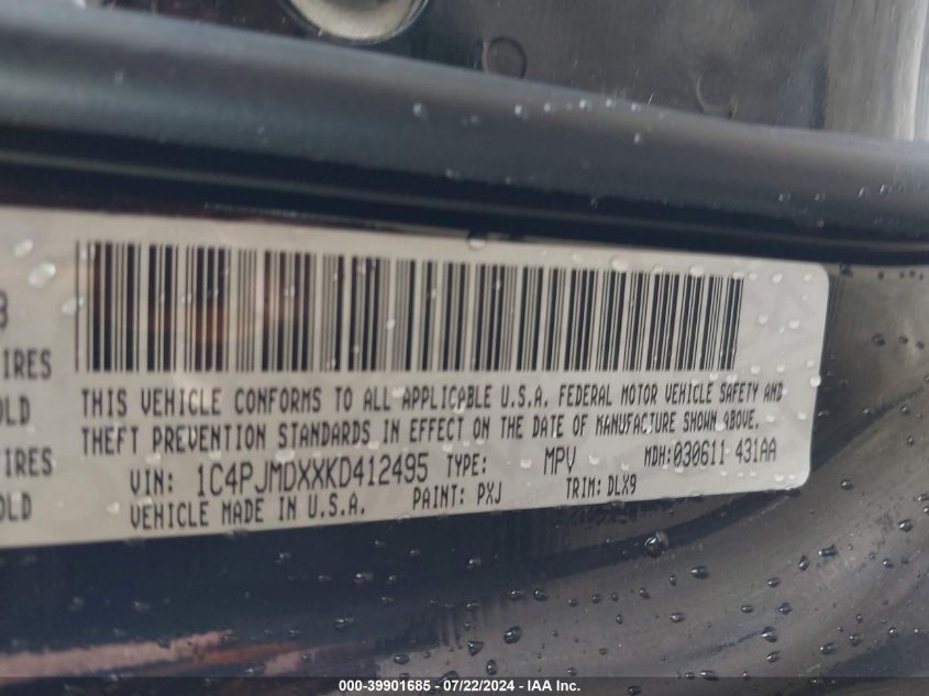 2019 Jeep Cherokee Limited 4X4 VIN: 1C4PJMDXXKD412495 Lot: 39901685