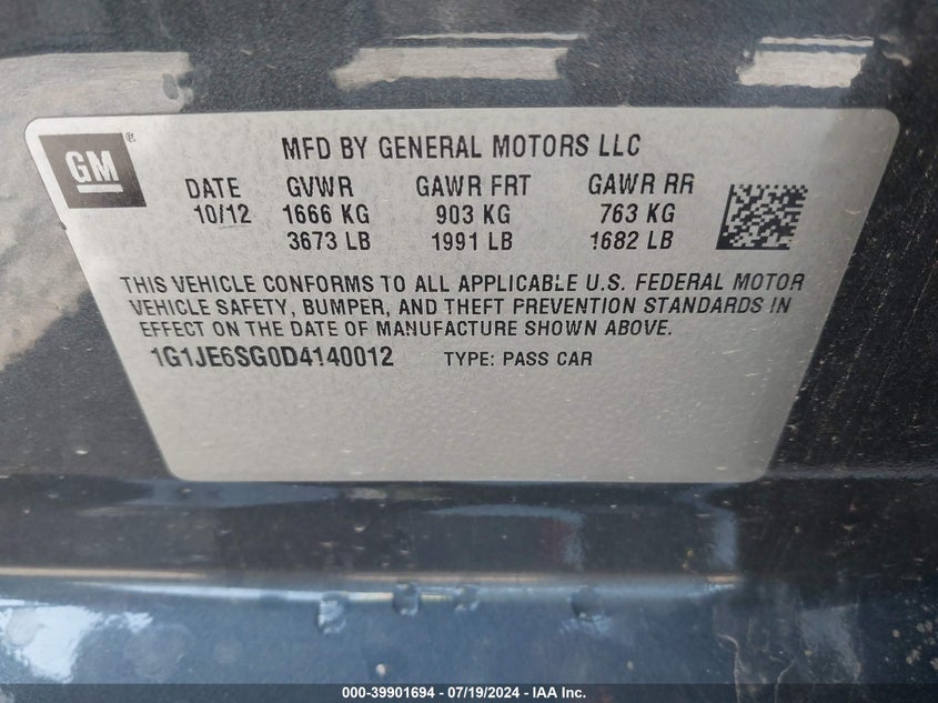 2013 Chevrolet Sonic Ltz Auto VIN: 1G1JE6SG0D4140012 Lot: 39901694