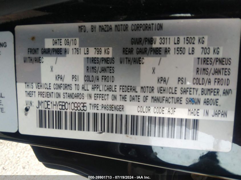 2011 Mazda Mazda2 Touring VIN: JM1DE1HY5B0109835 Lot: 39901713