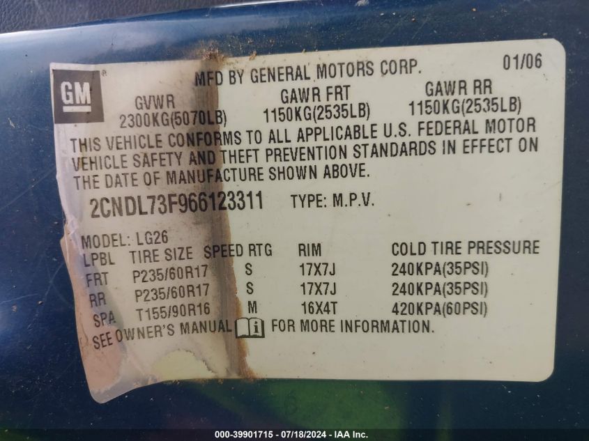 2CNDL73F966123311 2006 Chevrolet Equinox Lt