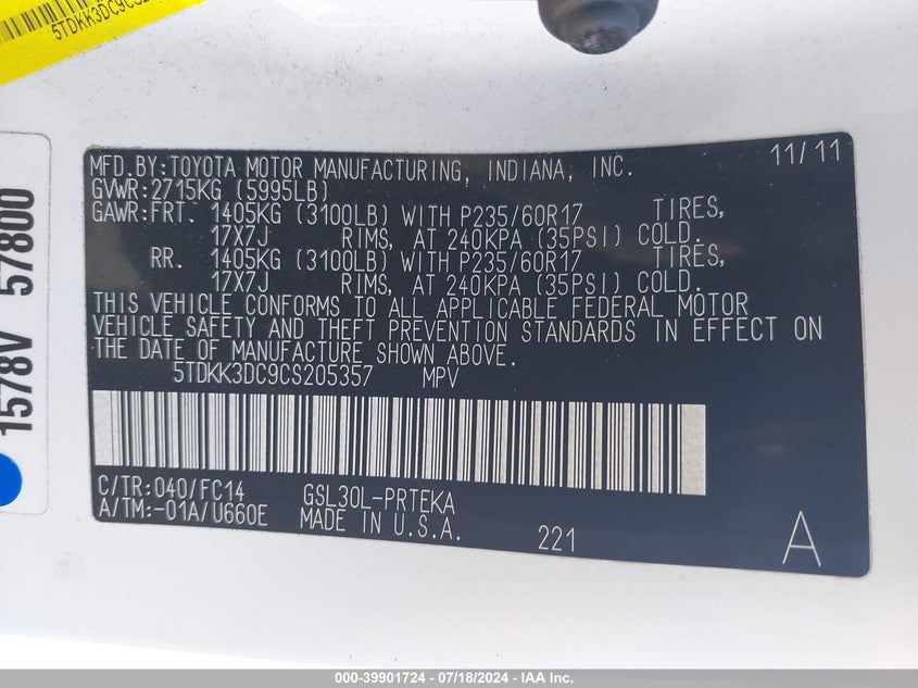 2012 Toyota Sienna Le VIN: 5TDKK3DC9CS205357 Lot: 39901724