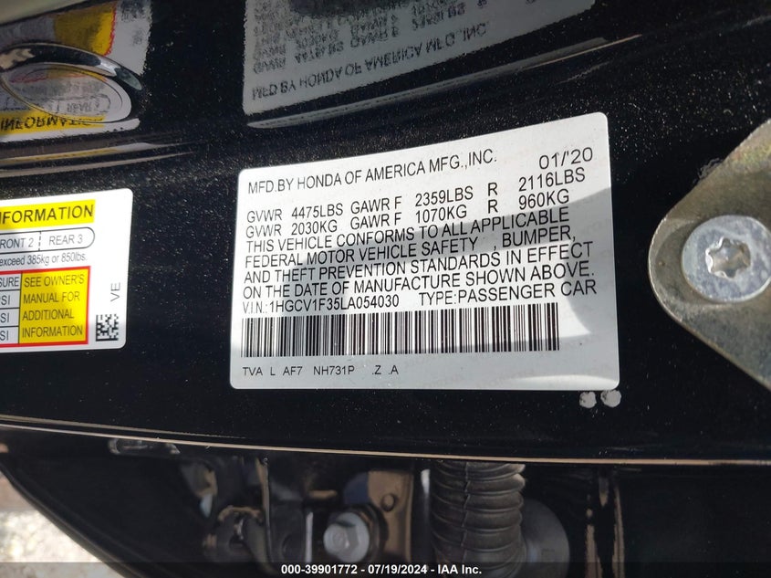 VIN 1HGCV1F35LA054030 2020 HONDA ACCORD SPORT