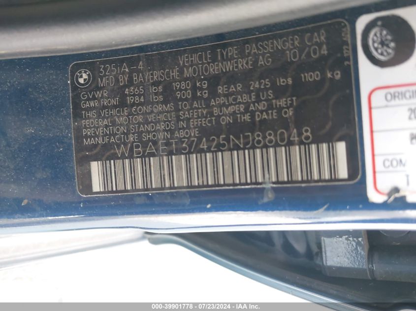 2005 BMW 325 I VIN: WBAET37425NJ88048 Lot: 39901778