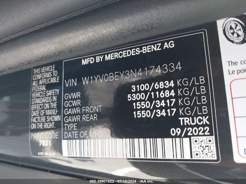 2022 Mercedes-Benz Metris VIN: W1YV0BEY3N4174334 Lot: 39901822