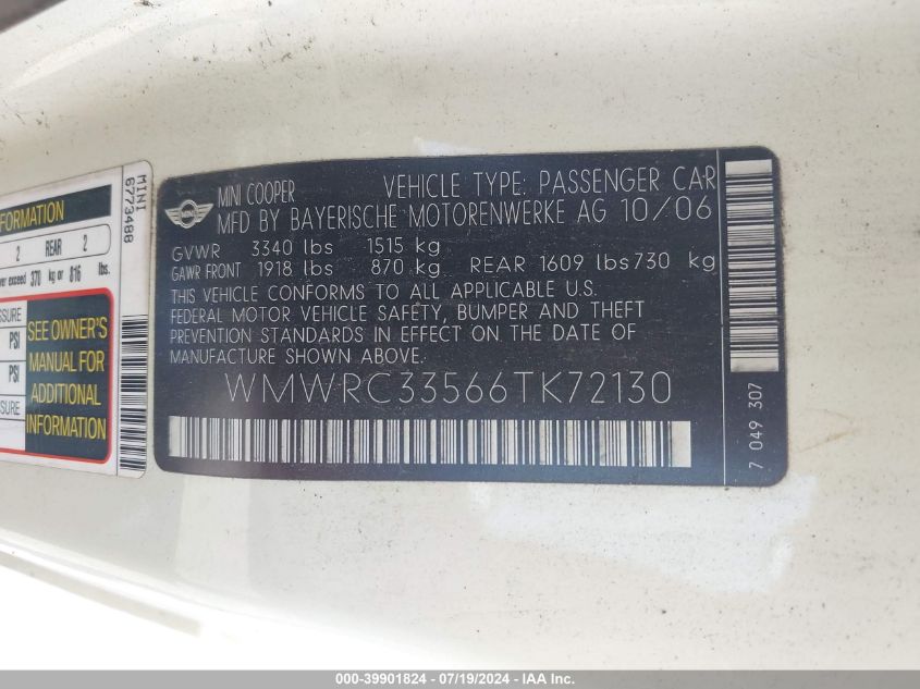 2006 Mini Cooper VIN: WMWRC33566TK72130 Lot: 39901824