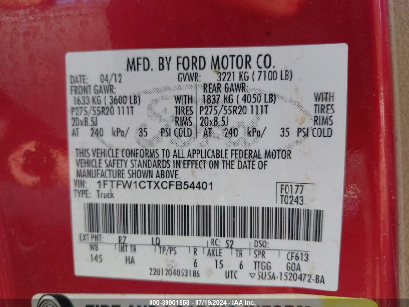 2012 Ford F-150 Lariat VIN: 1FTFW1CTXCFB54401 Lot: 39901858