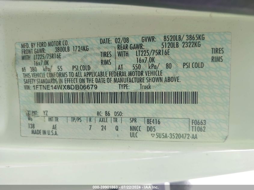 2008 Ford E-150 Commercial/Recreational VIN: 1FTNE14WX8DB06679 Lot: 39901863
