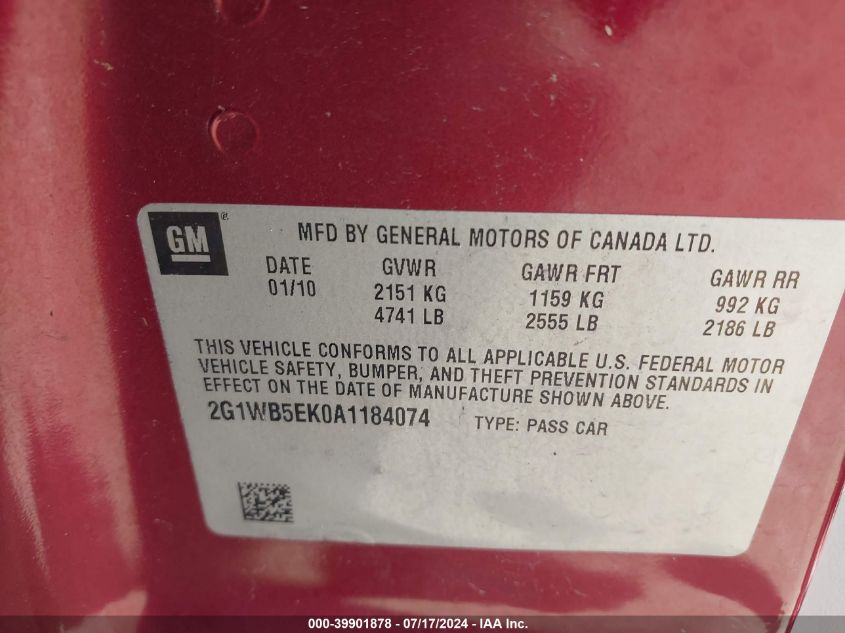 2010 Chevrolet Impala Lt VIN: 2G1WB5EK0A1184074 Lot: 39901878