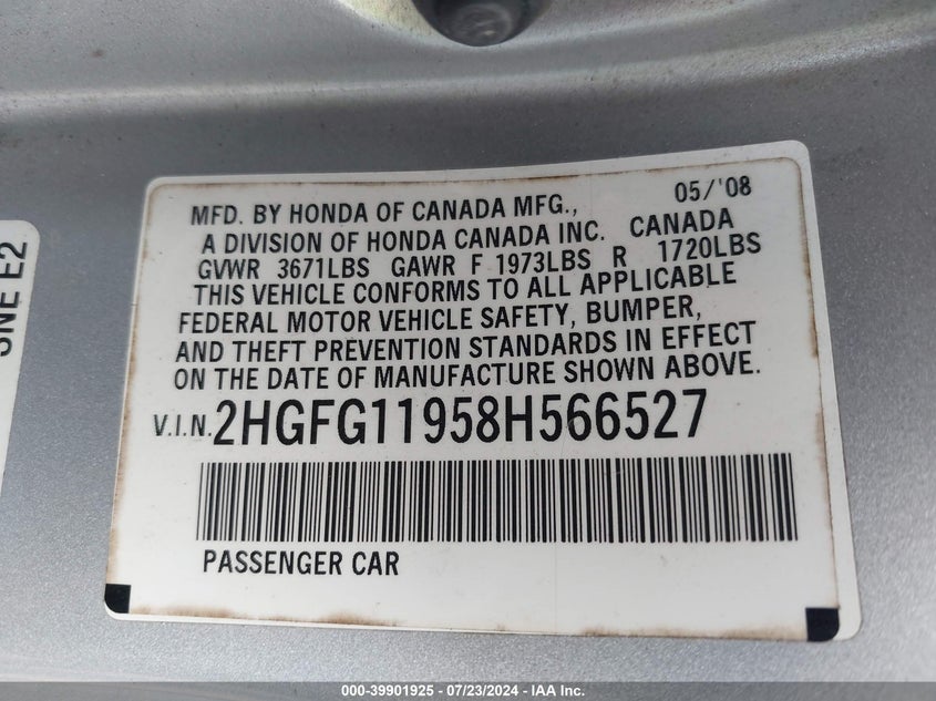 2008 Honda Civic Ex-L VIN: 2HGFG11958H566527 Lot: 39901925