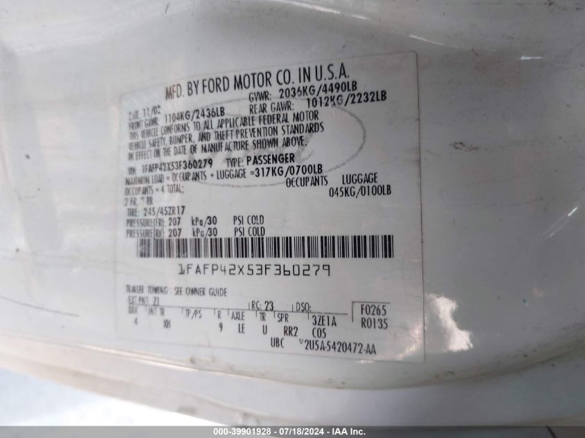 2003 Ford Mustang Gt VIN: 1FAFP42X53F360279 Lot: 39901928