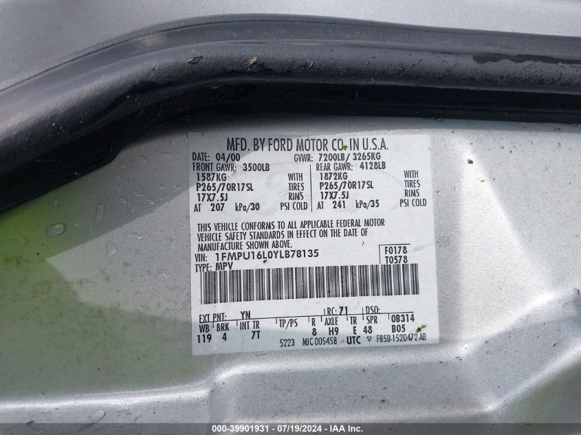 2000 Ford Expedition Xlt VIN: 1FMPU16L0YLB78135 Lot: 39901931