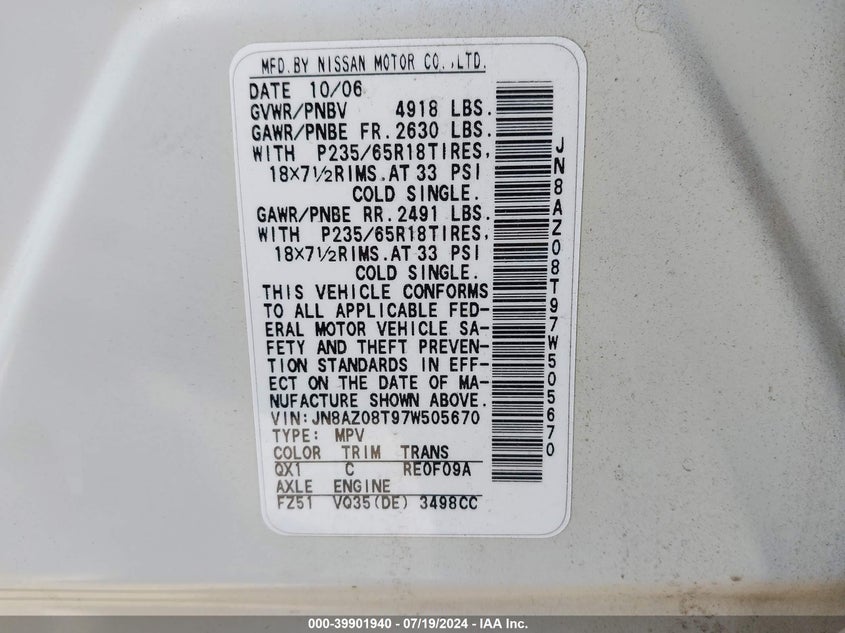 2007 Nissan Murano Sl/Se/S VIN: JN8AZ08T97W505670 Lot: 39901940