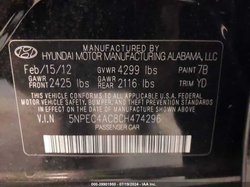 2012 Hyundai Sonata Limited VIN: 5NPEC4AC8CH474296 Lot: 39901950