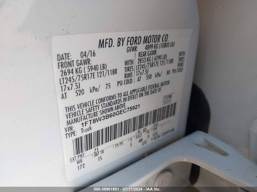 2016 Ford F-350 Xl VIN: 1FT8W3B60GEC75921 Lot: 39901951
