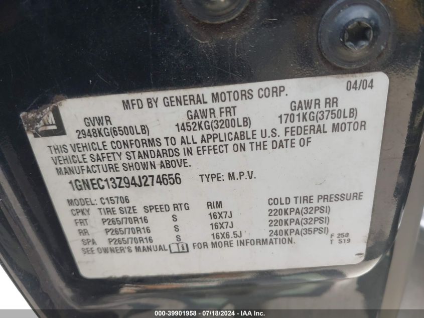 2004 Chevrolet Tahoe Ls VIN: 1GNEC13Z94J274656 Lot: 39901958