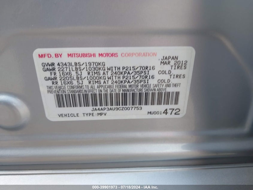 2012 Mitsubishi Outlander Sport Es VIN: JA4AP3AU9CZ007753 Lot: 39901973