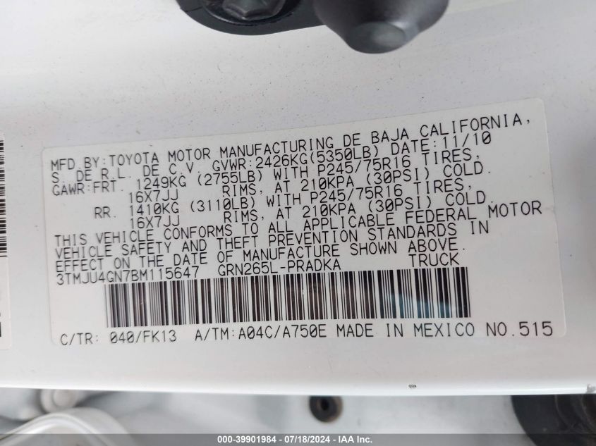 2011 Toyota Tacoma Double Cab Prerunner VIN: 3TMJU4GN7BM115647 Lot: 39901984
