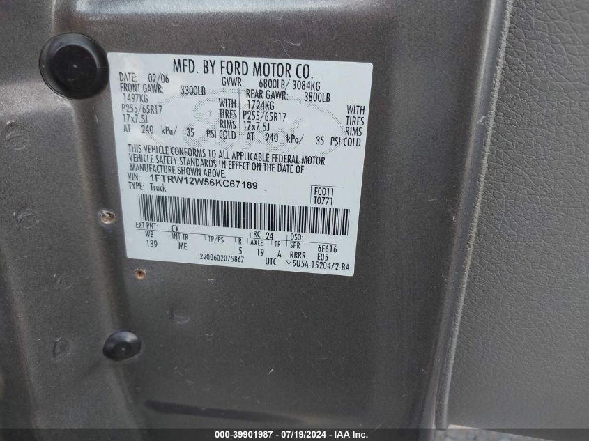 2006 Ford F-150 Xlt VIN: 1FTRW12W56KC67189 Lot: 39901987