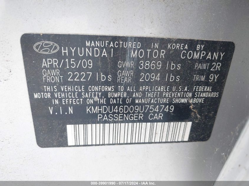 KMHDU46D09U754749 | 2009 HYUNDAI ELANTRA