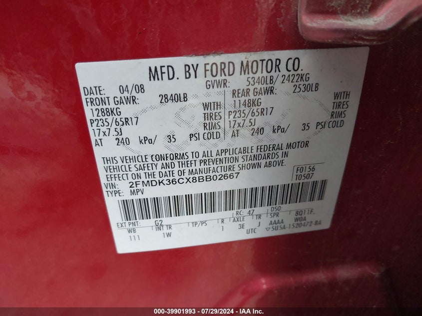 2008 Ford Edge Se VIN: 2FMDK36CX8BB02667 Lot: 39901993