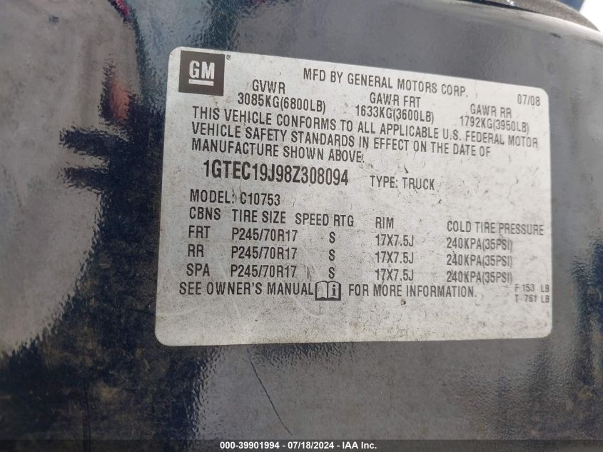 2008 GMC Sierra 1500 Sle1 VIN: 1GTEC19J98Z308094 Lot: 39901994