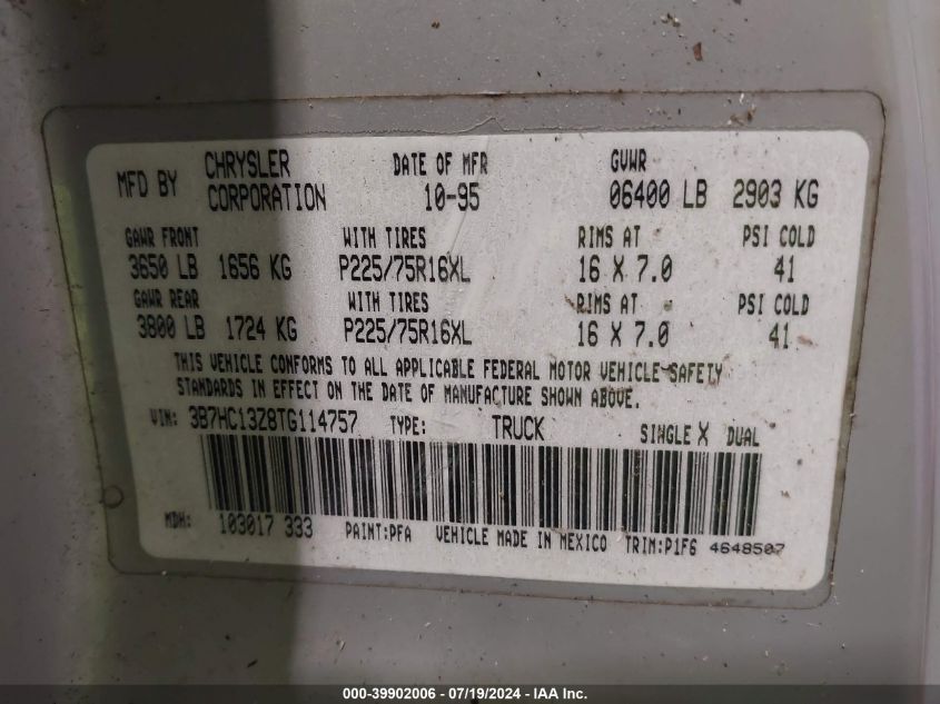 1996 Dodge Ram 1500 VIN: 3B7HC13Z8TG114757 Lot: 39902006