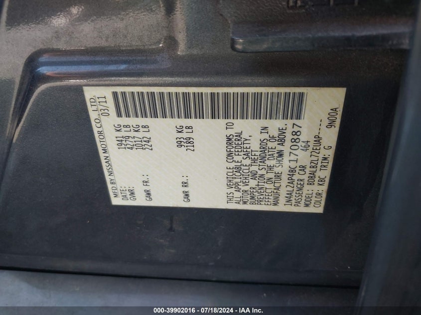 2011 Nissan Altima 2.5 S VIN: 1N4AL2AP4BC170887 Lot: 39902016