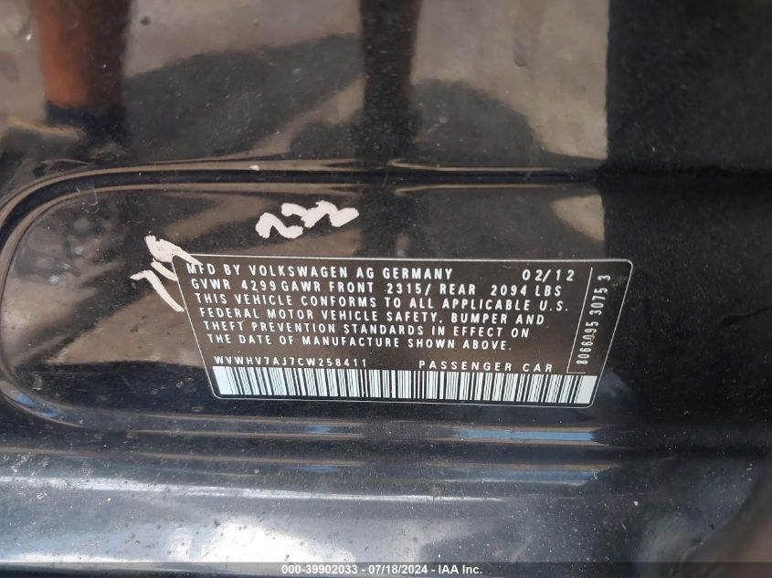 2012 Volkswagen Gti VIN: WVWHV7AJ7CW258411 Lot: 39902033
