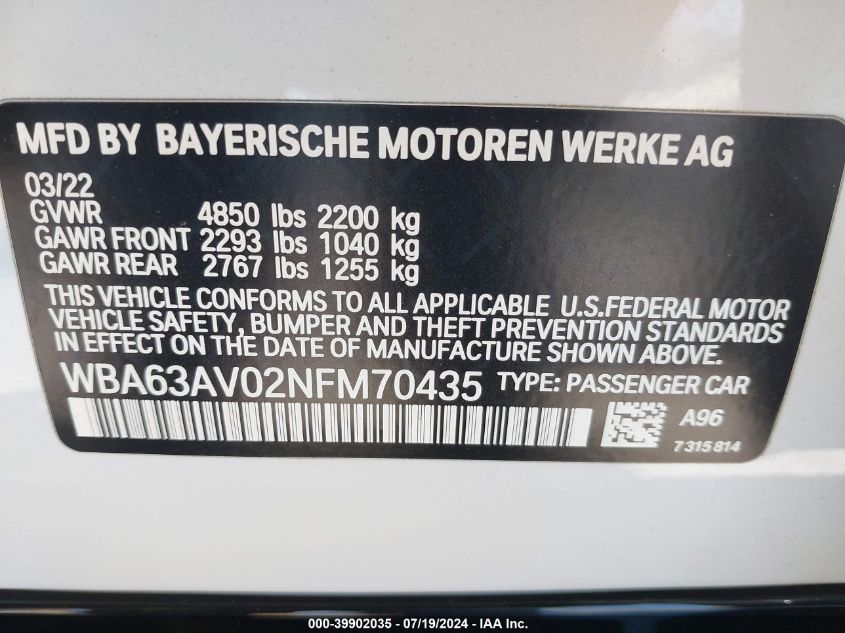 2022 BMW 430I Gran Coupe VIN: WBA63AV02NFM70435 Lot: 39902035