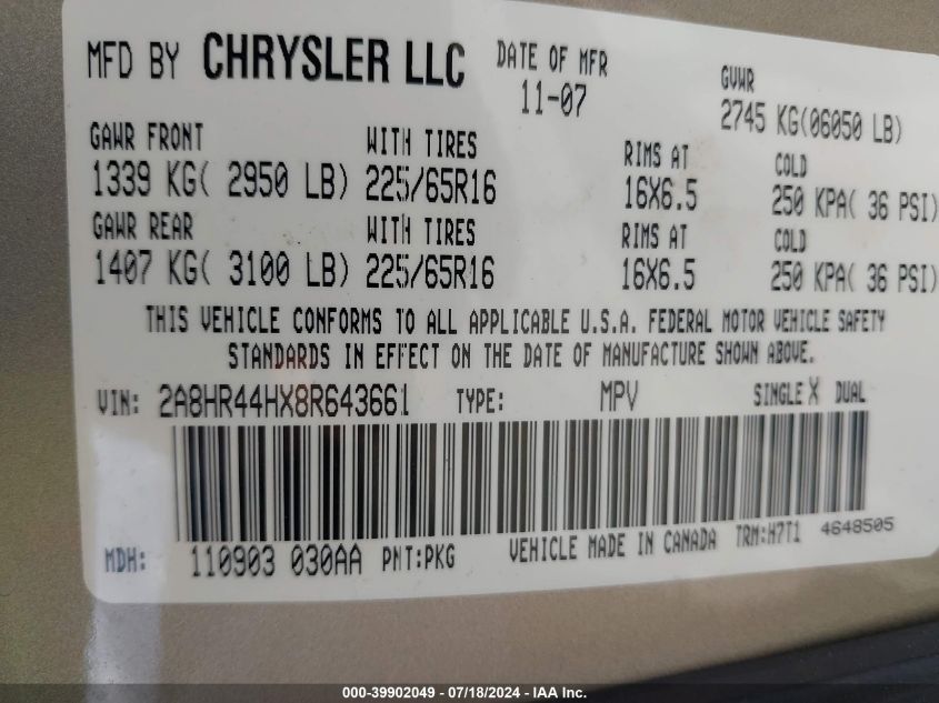 2008 Chrysler Town & Country Lx VIN: 2A8HR44HX8R643661 Lot: 39902049