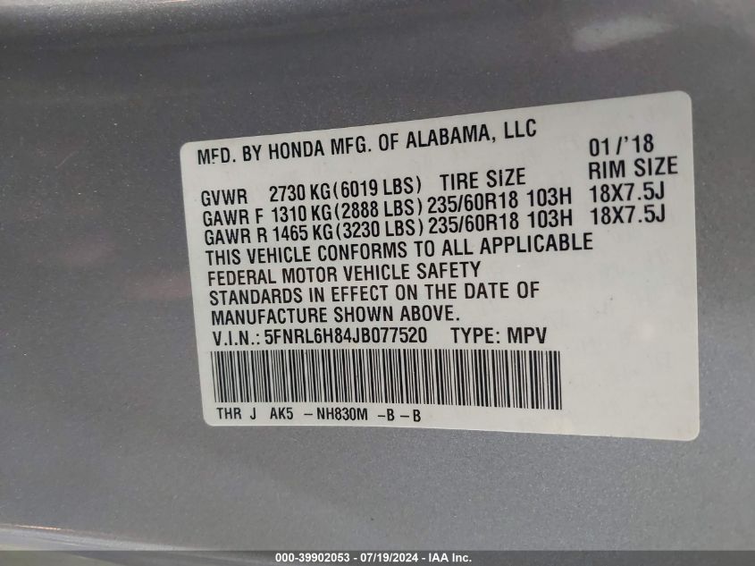 2018 Honda Odyssey Touring VIN: 5FNRL6H84JB077520 Lot: 39902053