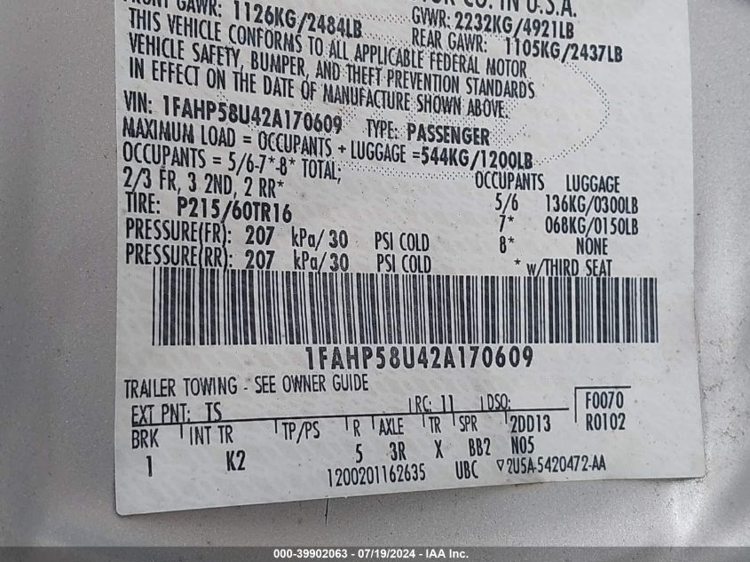 2002 Ford Taurus Se VIN: 1FAHP58U42A170609 Lot: 39902063