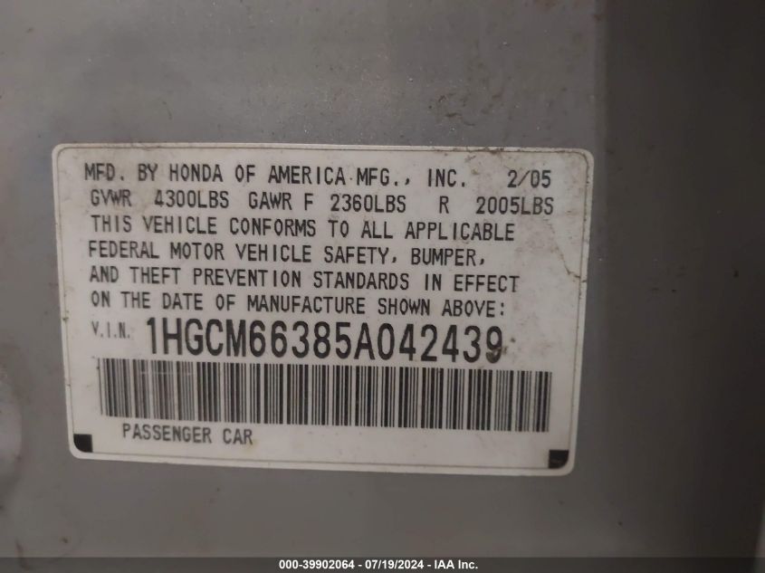 2005 Honda Accord 3.0 Lx VIN: 1HGCM66385A042439 Lot: 39902064