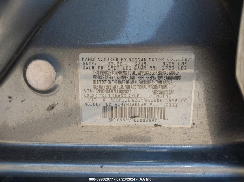 2020 NISSAN VERSA SR XTRONIC CVT - 3N1CN8FV7LL882827