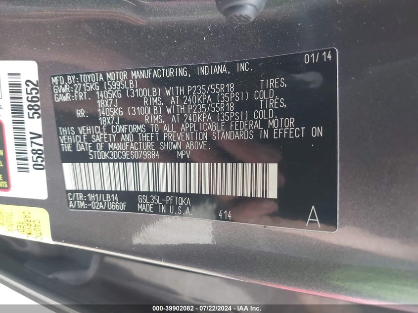 2014 Toyota Sienna Xle 7 Passenger VIN: 5TDDK3DC9ES079884 Lot: 39902082