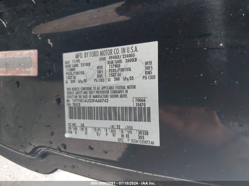 2003 Ford Ranger Edge/Tremor/Xl/Xlt VIN: 1FTYR14U23PA60742 Lot: 39902091