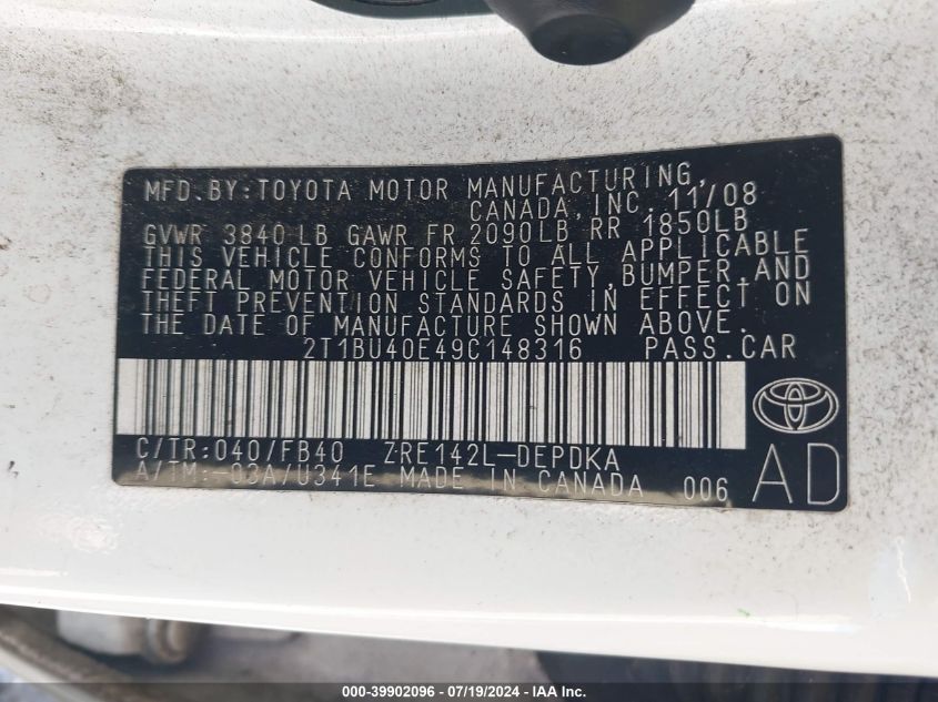 2009 Toyota Corolla S/Le/Xle VIN: 2T1BU40E49C148316 Lot: 39902096