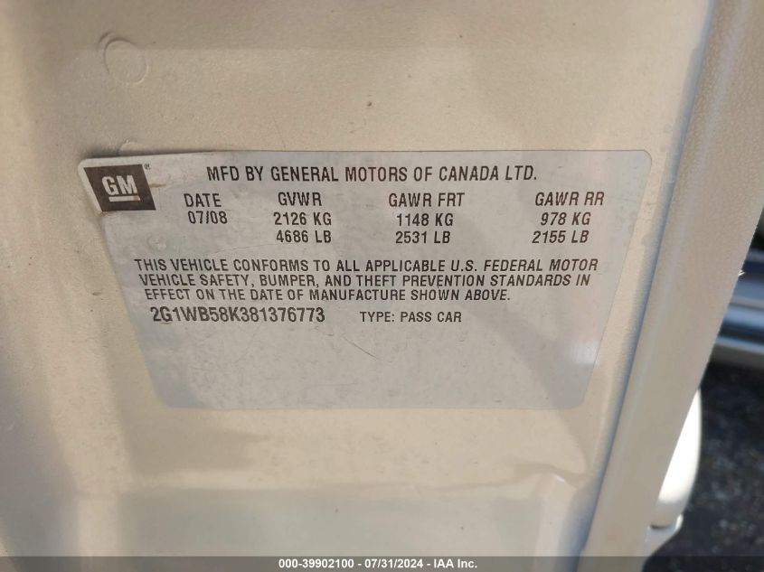 2008 Chevrolet Impala Ls VIN: 2G1WB58K381376773 Lot: 39902100