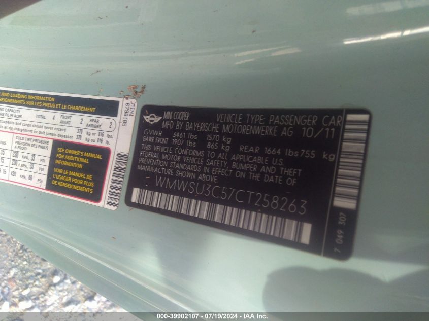 2012 Mini Cooper VIN: WMWSU3C57CT258263 Lot: 39902107