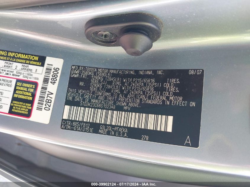 5TDZK23C68S102348 2008 Toyota Sienna Ce