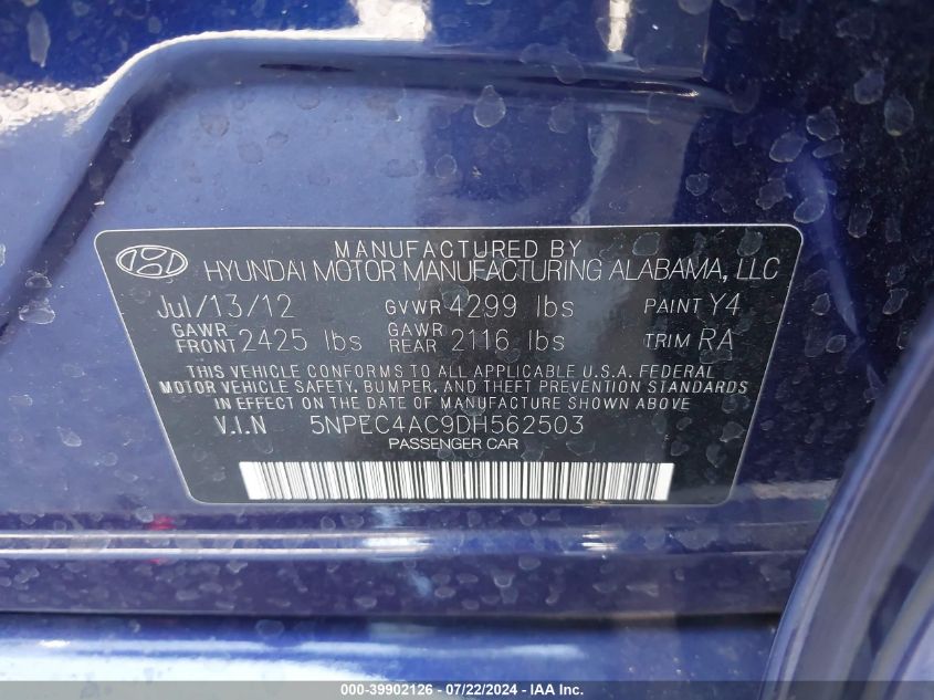 2013 Hyundai Sonata Limited VIN: 5NPEC4AC9DH562503 Lot: 39902126
