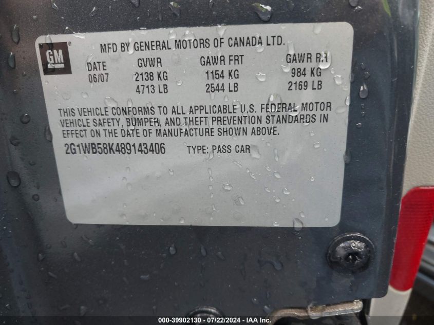2008 Chevrolet Impala Ls VIN: 2G1WB58K489143406 Lot: 39902130
