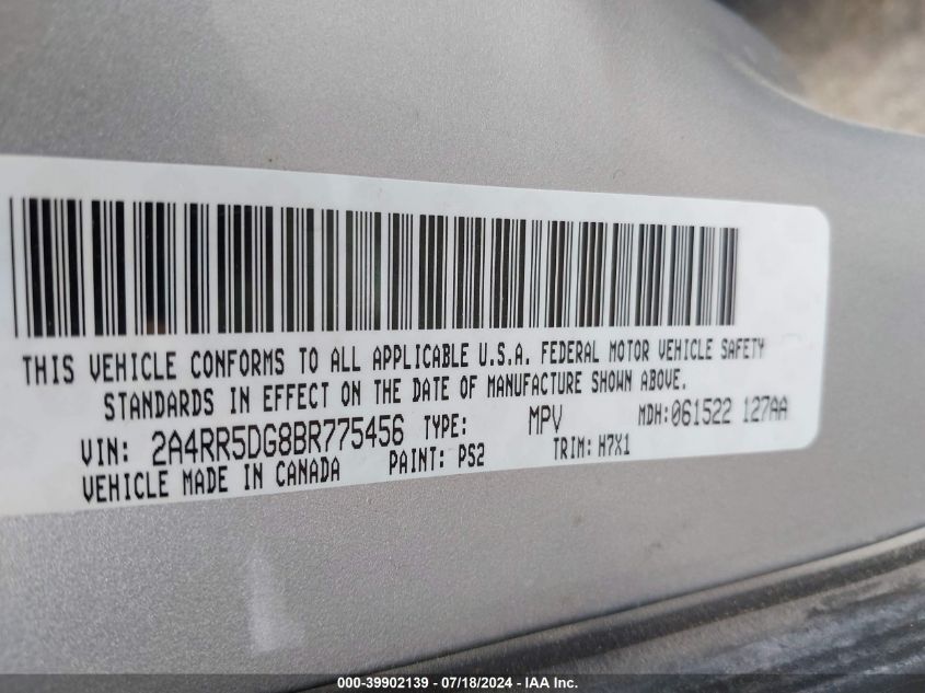 2011 Chrysler Town & Country Touring VIN: 2A4RR5DG8BR775456 Lot: 39902139