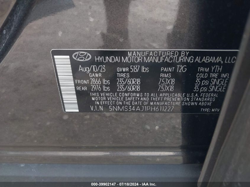 2023 Hyundai Santa Fe Sel VIN: 5NMS34AJ1PH611227 Lot: 39902147