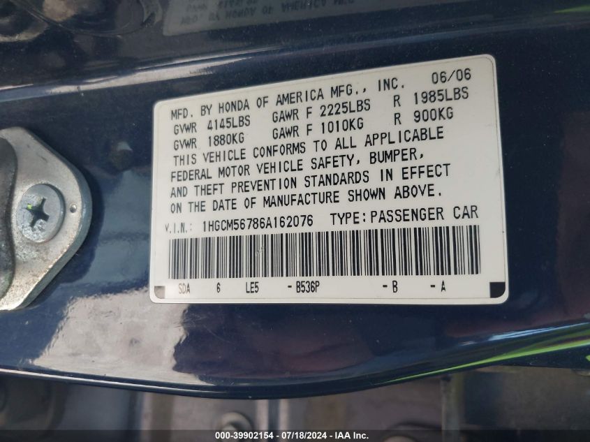 2006 Honda Accord Ex VIN: 1HGCM56786A162076 Lot: 39902154